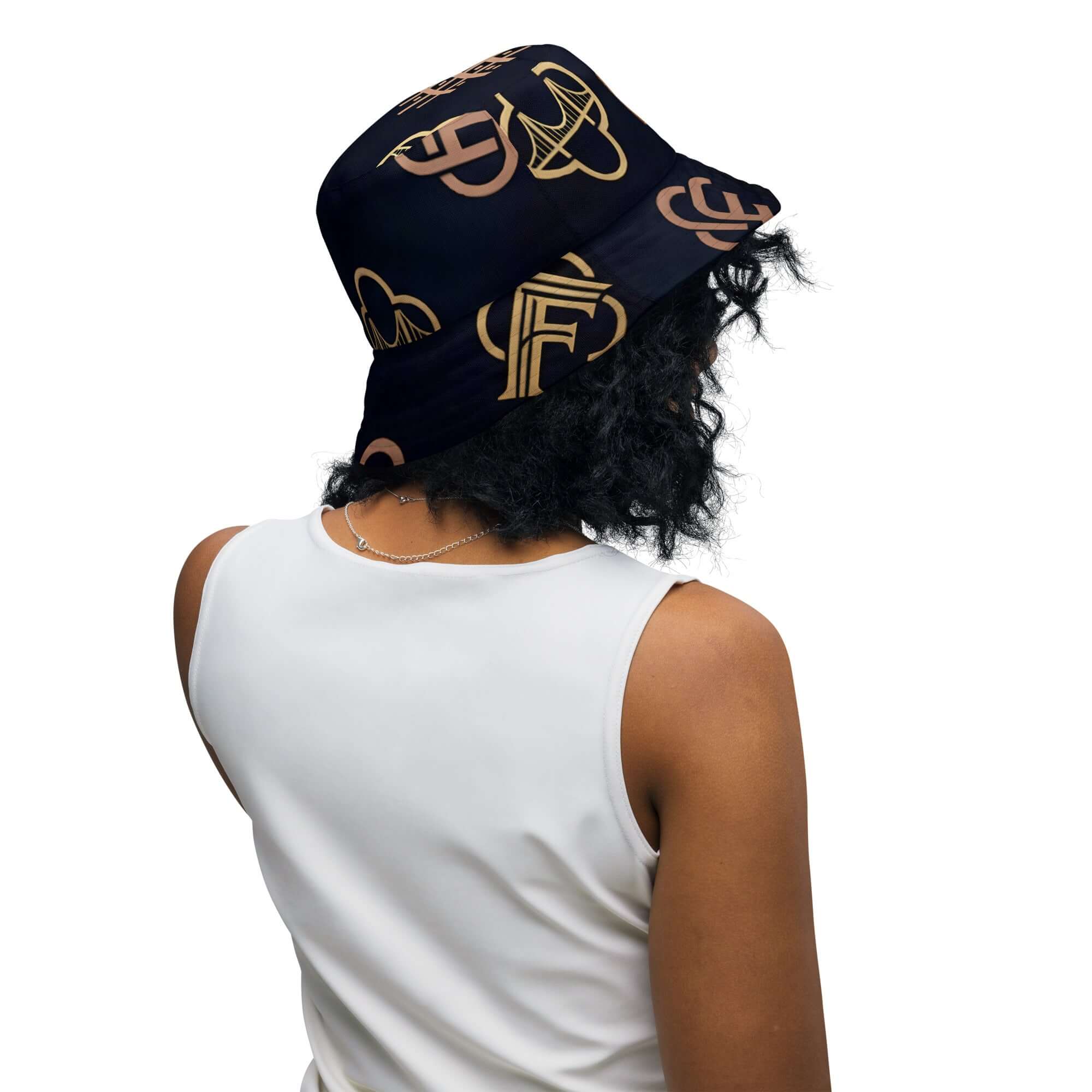 Back view of a person wearing a reversible bucket hat streetwear with a stylish pattern.
