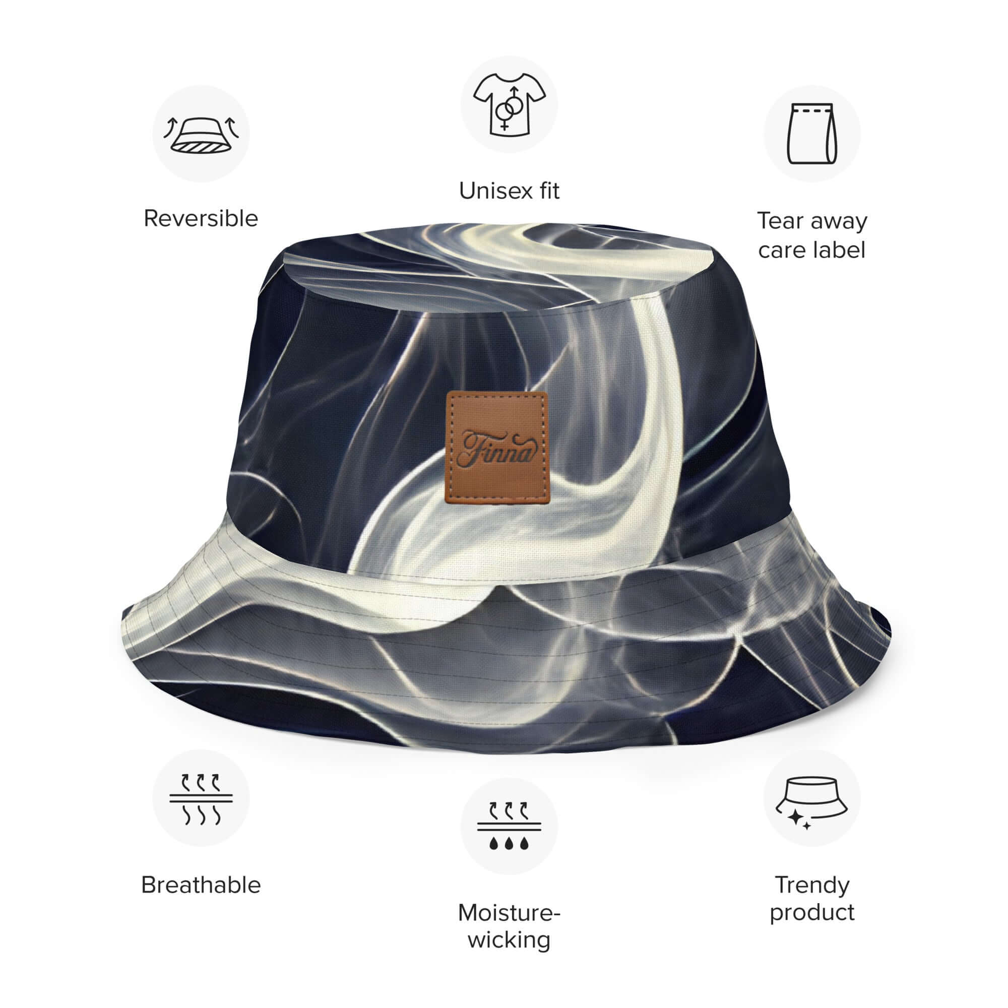 Reversible bucket hat streetwear featuring unisex fit, breathable fabric, and trendy design with tear away care label.