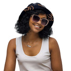 Smokey/Finna reversible bucket hat streetwear worn by a smiling woman with sunglasses.