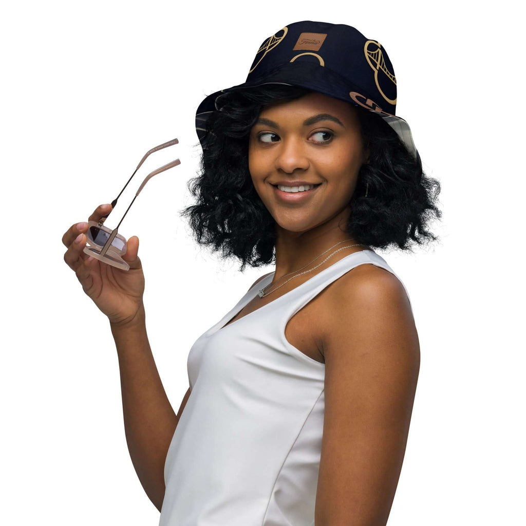 Smokey/Finna reversible bucket hat streetwear model wearing sunglasses and smiling.