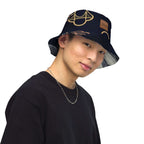 Young man wearing reversible bucket hat streetwear with unique designs, showcasing street style fashion.