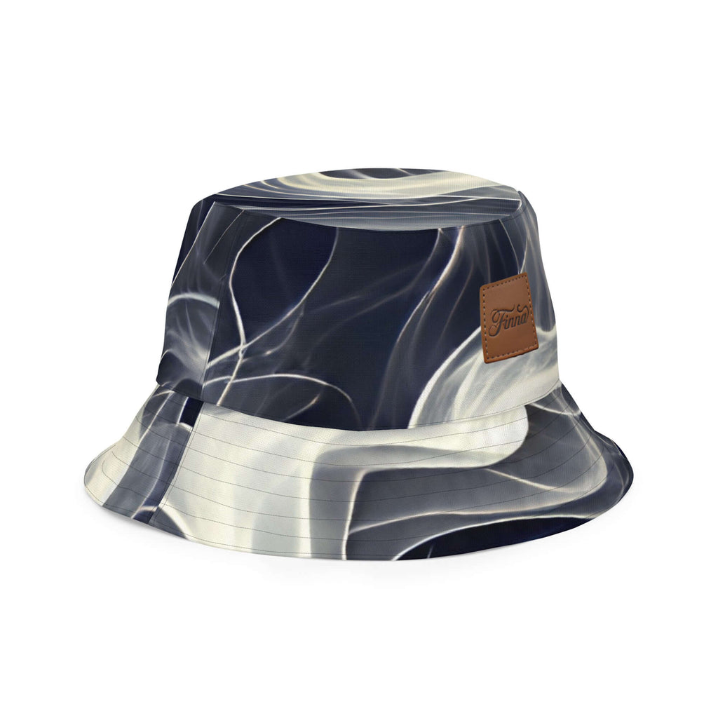 Reversible bucket hat streetwear featuring a unique navy and white design with a branded leather patch.