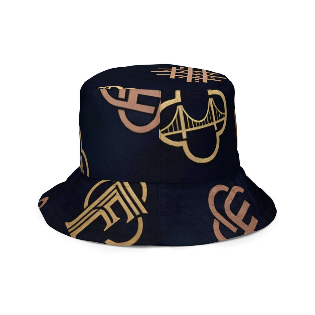 Reversible bucket hat streetwear featuring a trendy design with stylish logos on a dark background.