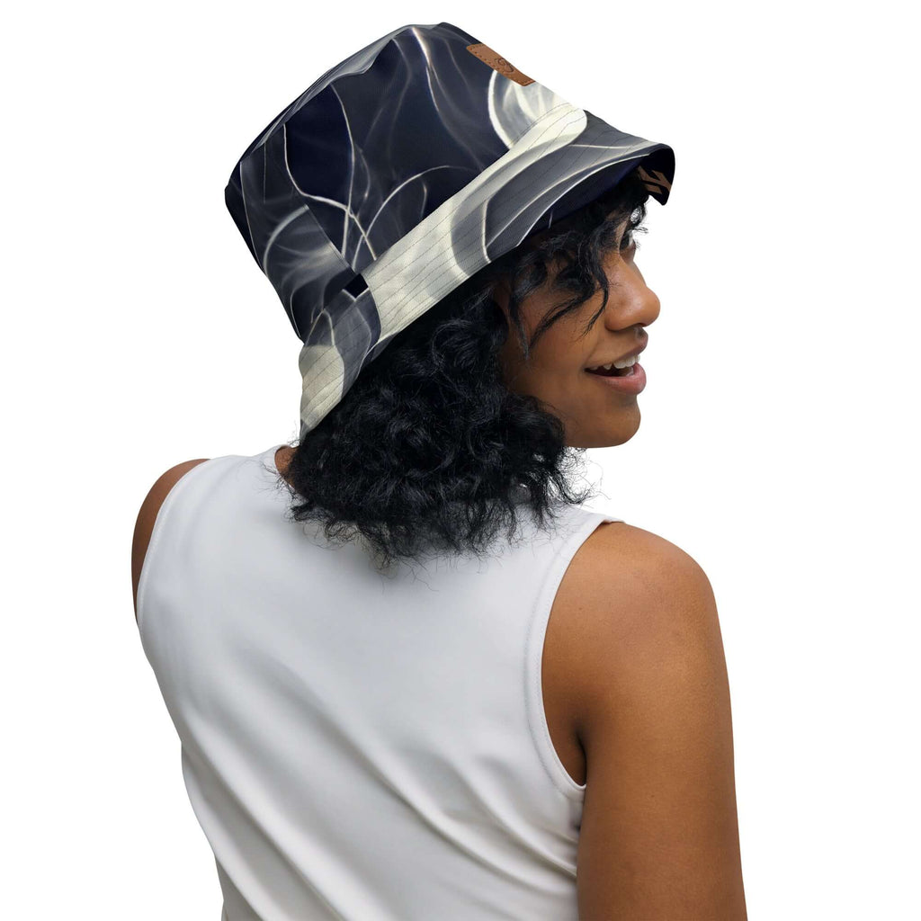 Woman wearing a reversible bucket hat streetwear with a stylish design, showcasing versatility and urban fashion.