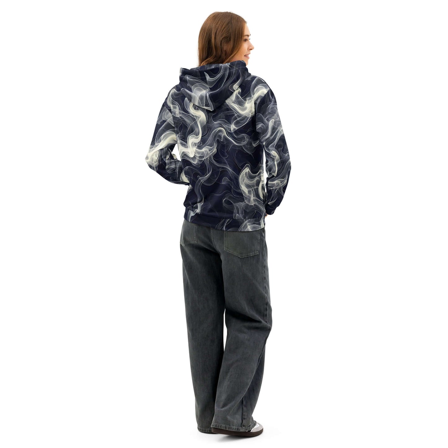 Smokey Unisex Cotton Hoodie - Comfort Meets Style, fashionable hoodie with stylish smoky design, back view.