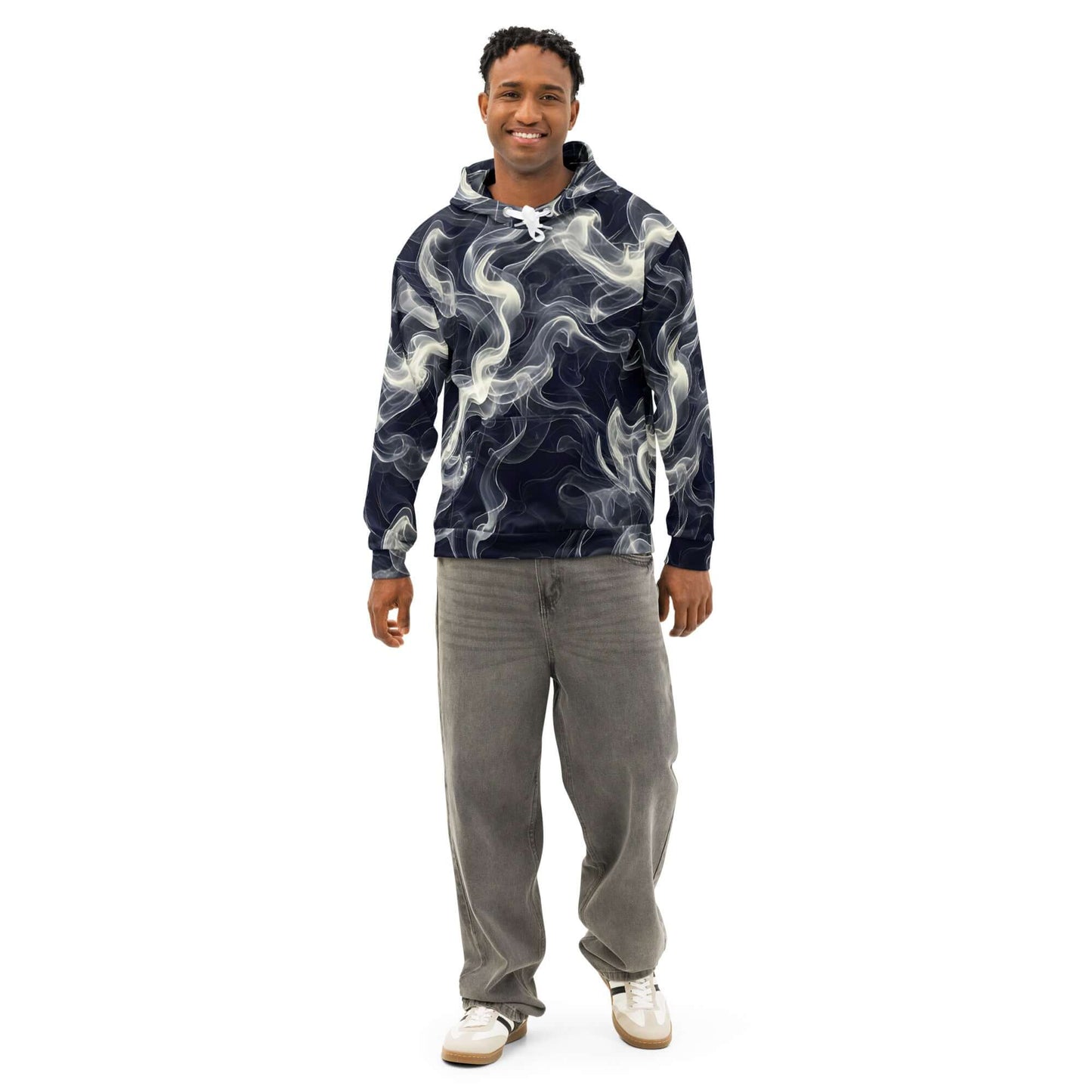 Smokey Unisex Cotton Hoodie - Comfort Meets Style worn by a man, featuring a unique all-over print design.