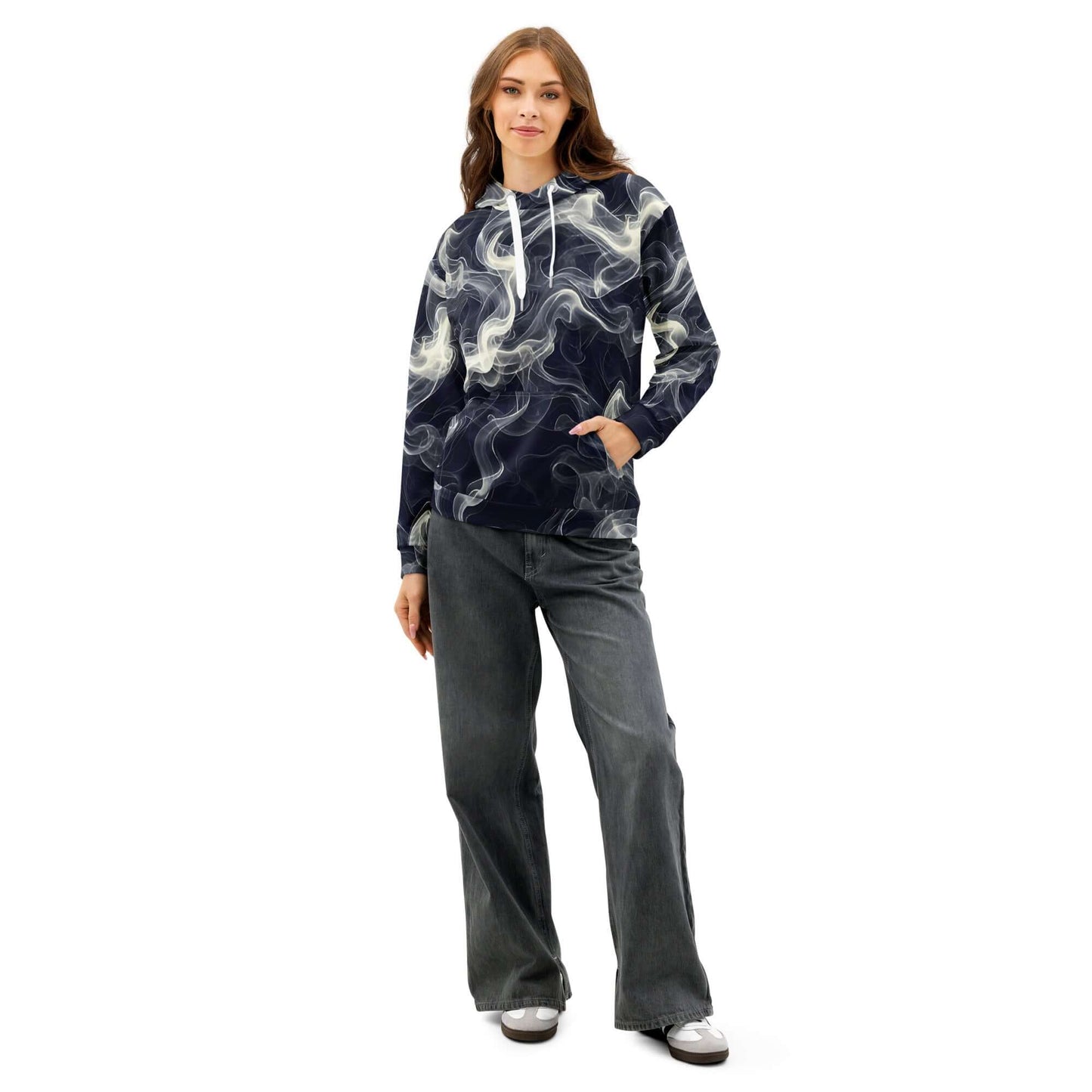 Smokey Unisex Cotton Hoodie - Comfort Meets Style worn by a model, showcasing its relaxed fit and unique print design.