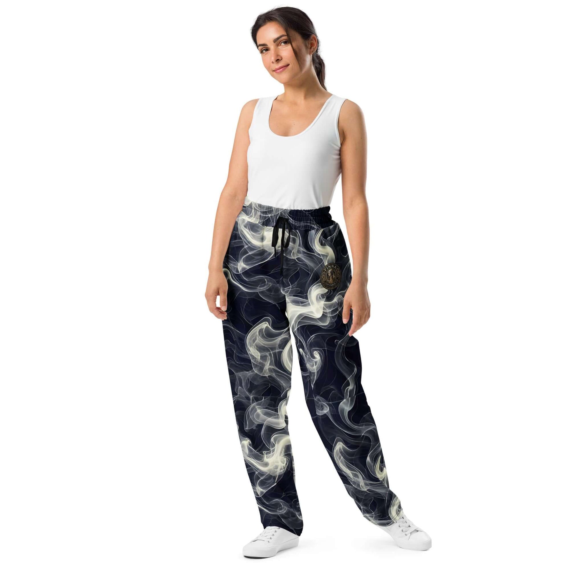 Smokey Wide-leg Joggers for Effortless Streetwear Style worn by a model, showcasing a stylish relaxed fit with swirly patterns.