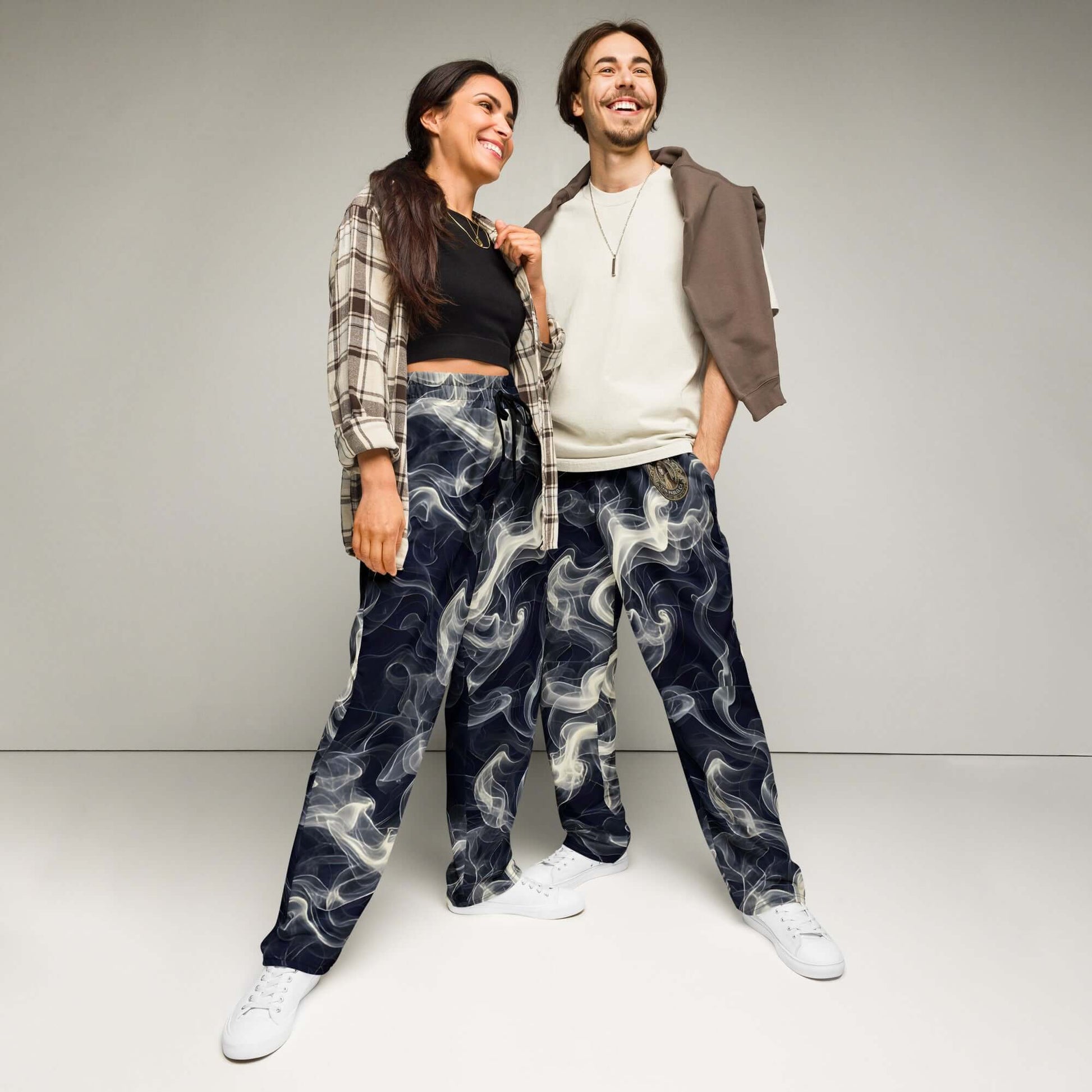 Smokey Wide-leg Joggers for Effortless Streetwear Style worn by a smiling couple in stylish poses.