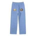 Goldonkey Unisex Solid Color Fleece Straight Leg Pants in blue with decorative emblems on the front