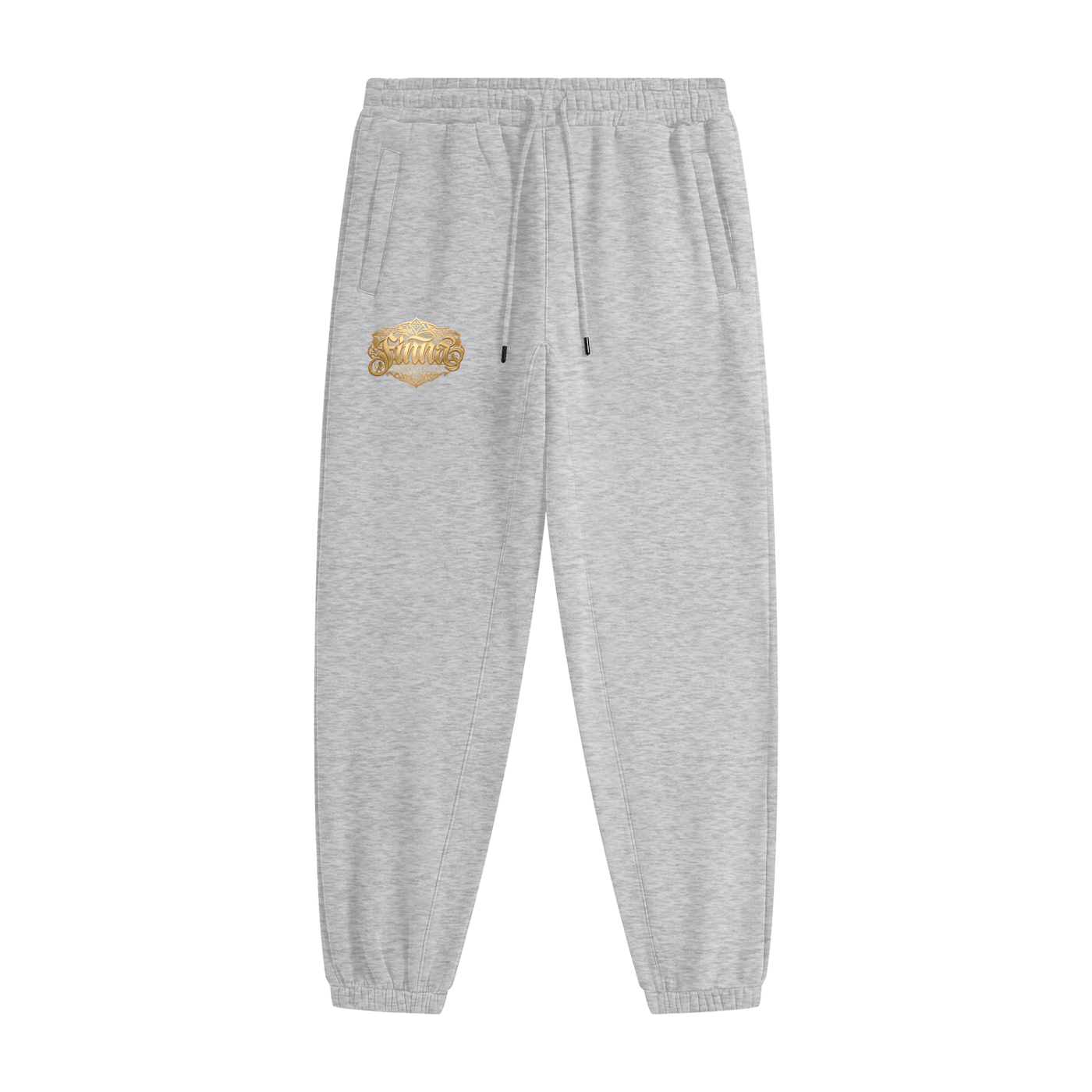 Goldfiore Unisex Heavyweight Fleece Joggers in gray with gold logo on the side.