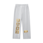Cosimofiore Contrast-Stitched Fleece Sweatpants featuring unique gold prints on a soft grey fabric.