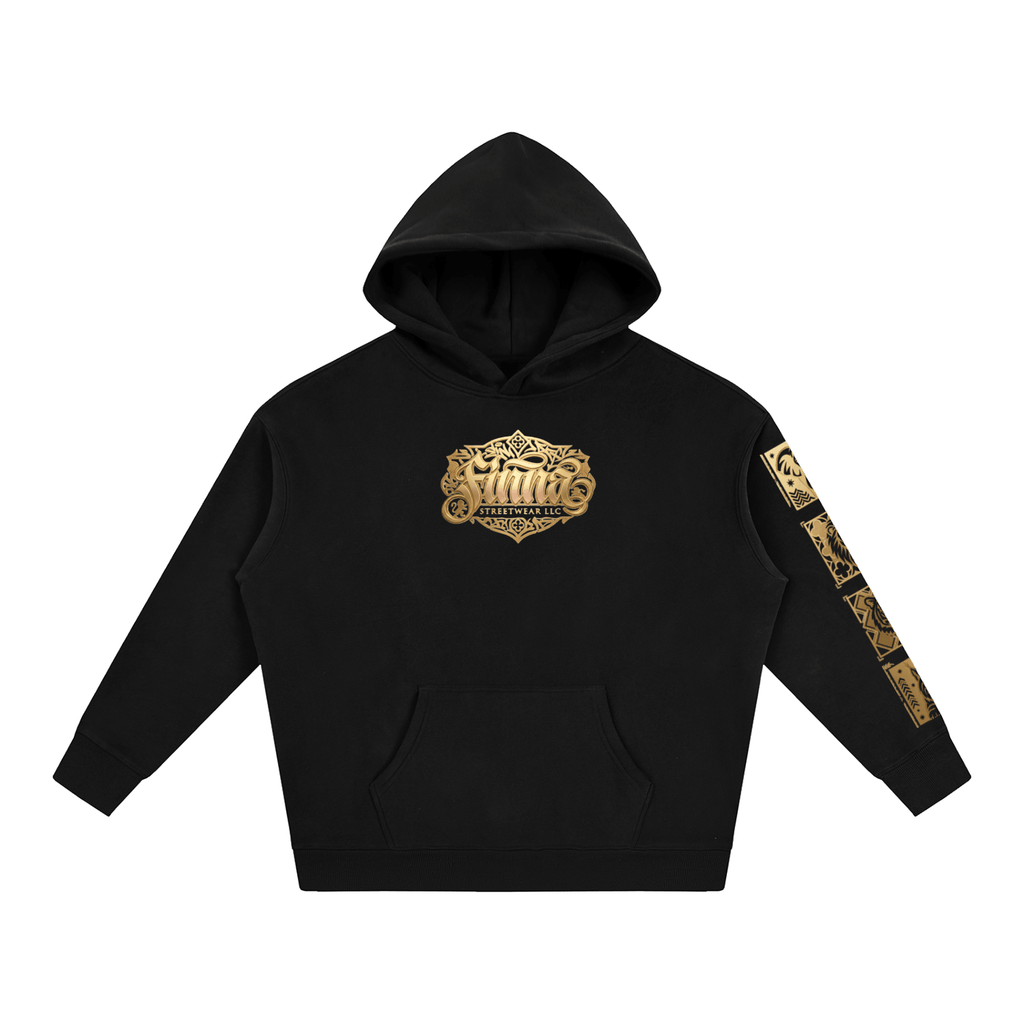 Goldonkey Oversize Fleeced Hoodie in black with golden graphic design on the front and sleeve.