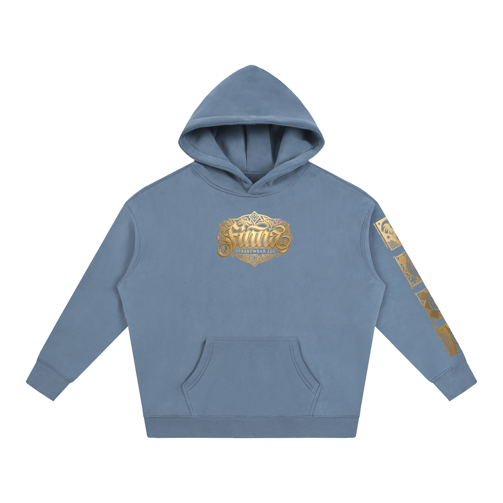Goldonkey Oversize Fleeced Hoodie in blue with gold graphic design on front and sleeve