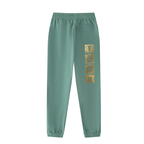 GoldFiore Essential Jogged Sweatpants in green with gold graphic design on the side.