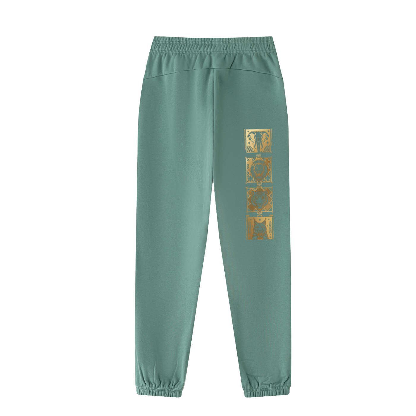 GoldFiore Essential Jogged Sweatpants in green with gold graphic design on the side.