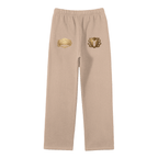 Goldonkey Unisex Solid Color Fleece Straight Leg Pants in beige with decorative gold emblems on pockets.