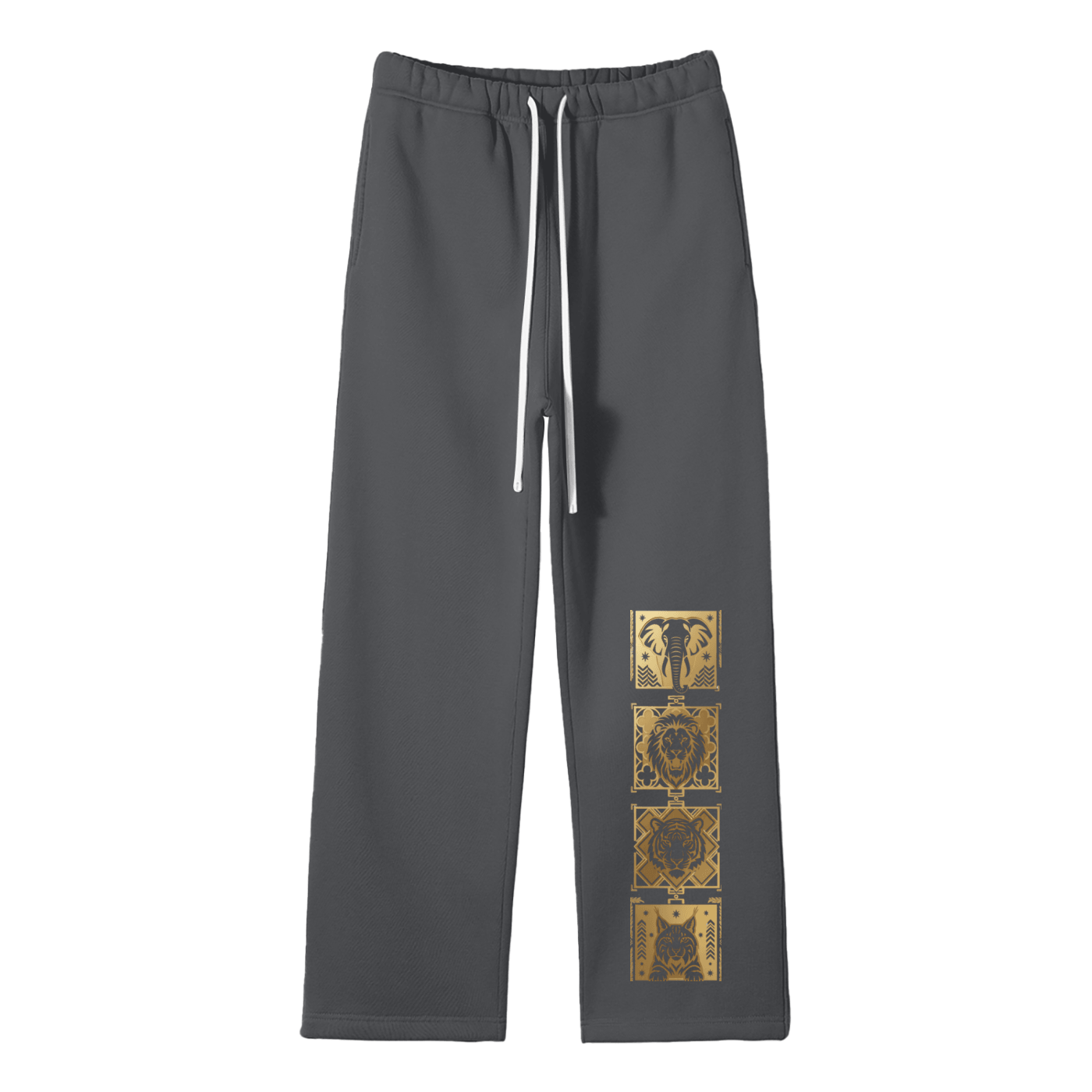 Goldonkey Unisex Solid Color Fleece Straight Leg Pants in gray with gold graphic design on the side.