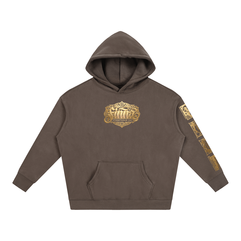 Goldonkey Oversize Fleeced Hoodie in brown with gold graphic design on the front and sleeve.