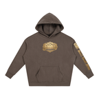 Goldonkey Oversize Fleeced Hoodie in brown with gold graphic design on the front and sleeve.