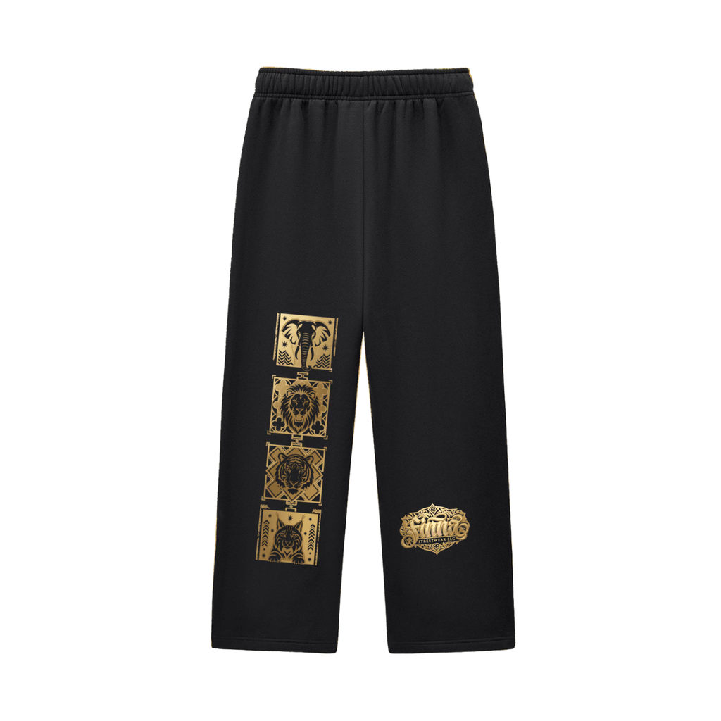 Cosimofiore Contrast-Stitched Fleece Sweatpants featuring gold graphic designs on a black background.