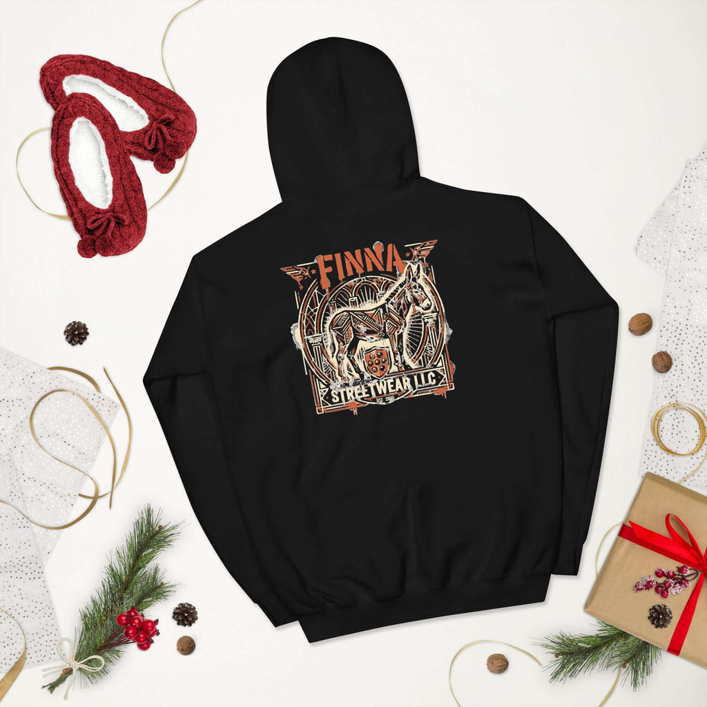 Lynxdonk Unisex Hoodie Cozy and Stylish Essential displayed on a black hoodie with vibrant graphic design.