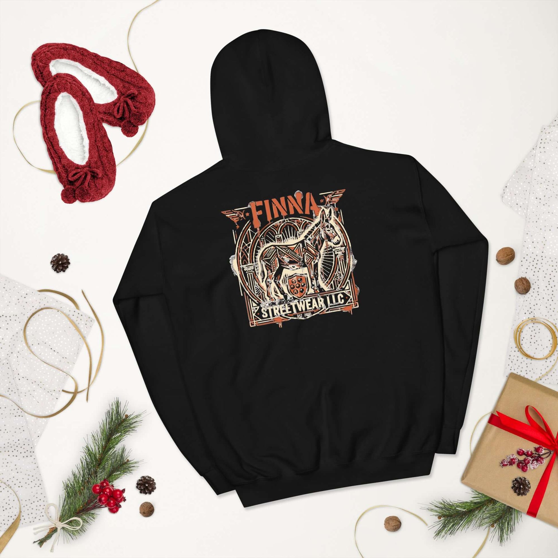 Lynxdonk Unisex Hoodie Cozy and Stylish Essential displayed on a black hoodie with vibrant graphic design.