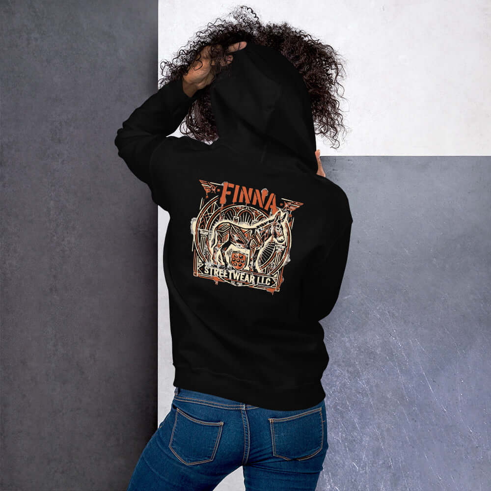 Lynxdonk Unisex Hoodie Cozy and Stylish Essential worn from the back, showcasing its unique design and comfortable fit.