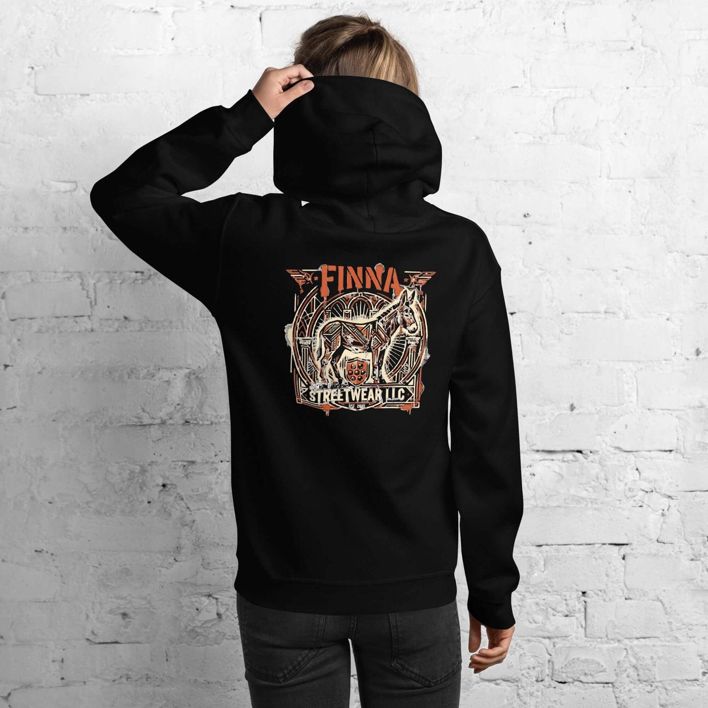 Model wearing Lynxdonk Unisex Hoodie Cozy and Stylish Essential with graphic design on back, ideal for casual fashion.