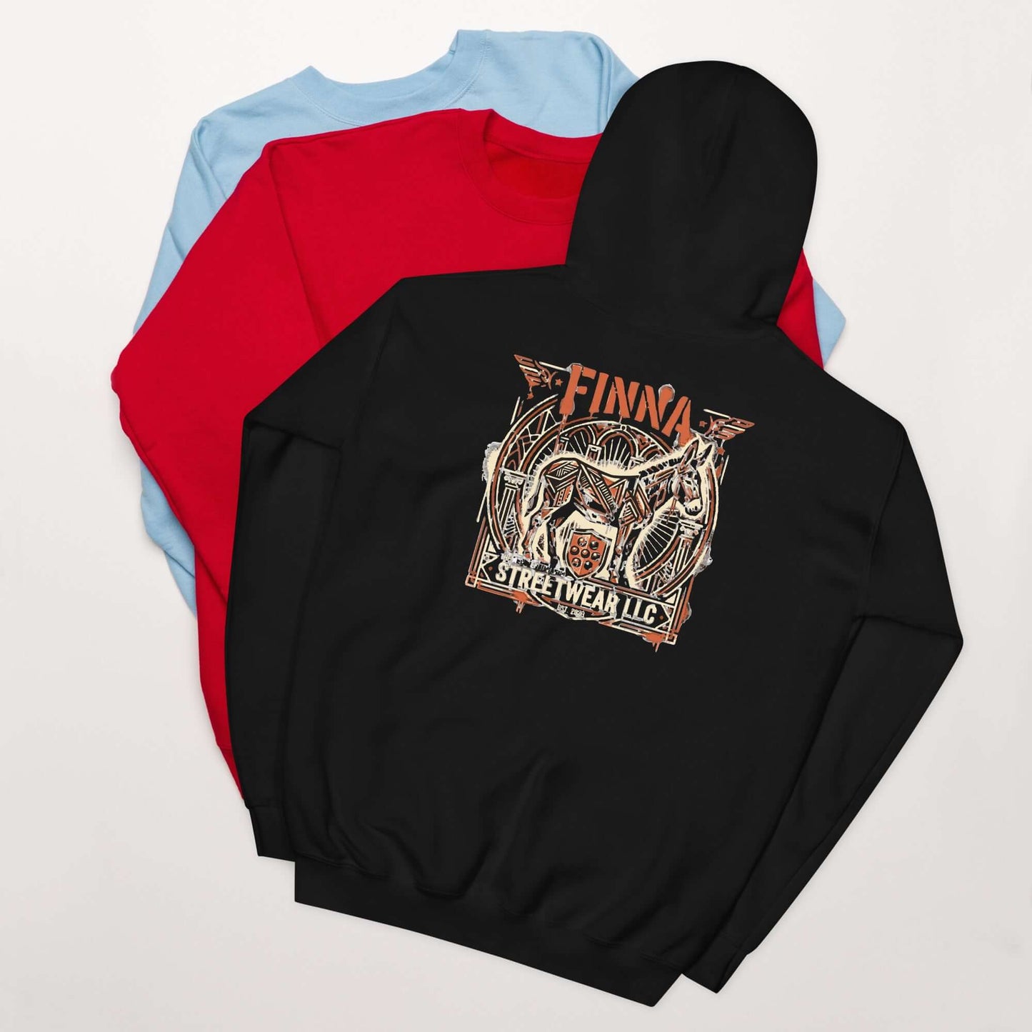 Lynxdonk Unisex Hoodie Cozy and Stylish Essential displayed with black, red, and blue variants featuring streetwear design.