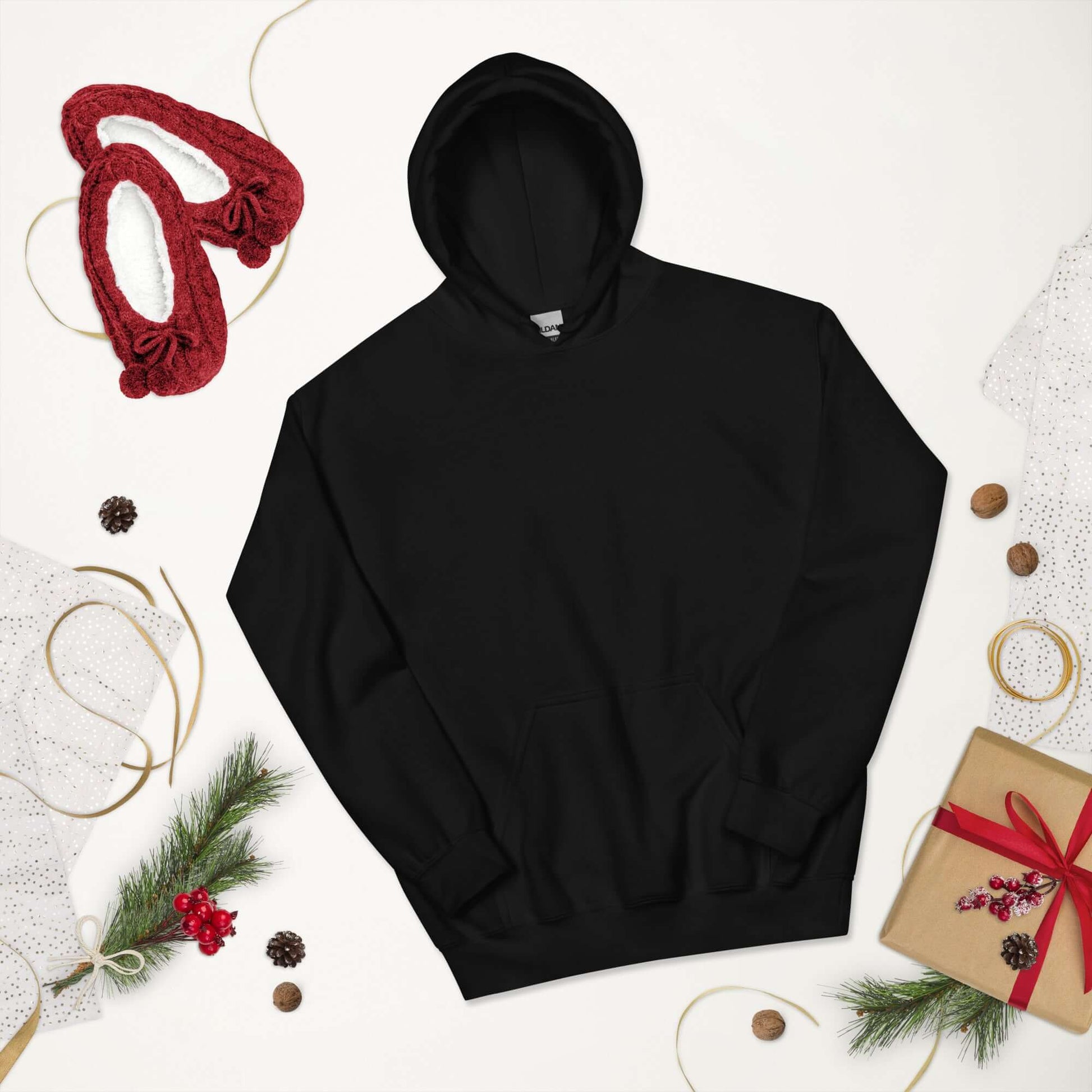 Lynxdonk Unisex Hoodie Cozy and Stylish Essential displayed on a festive background with holiday decorations.