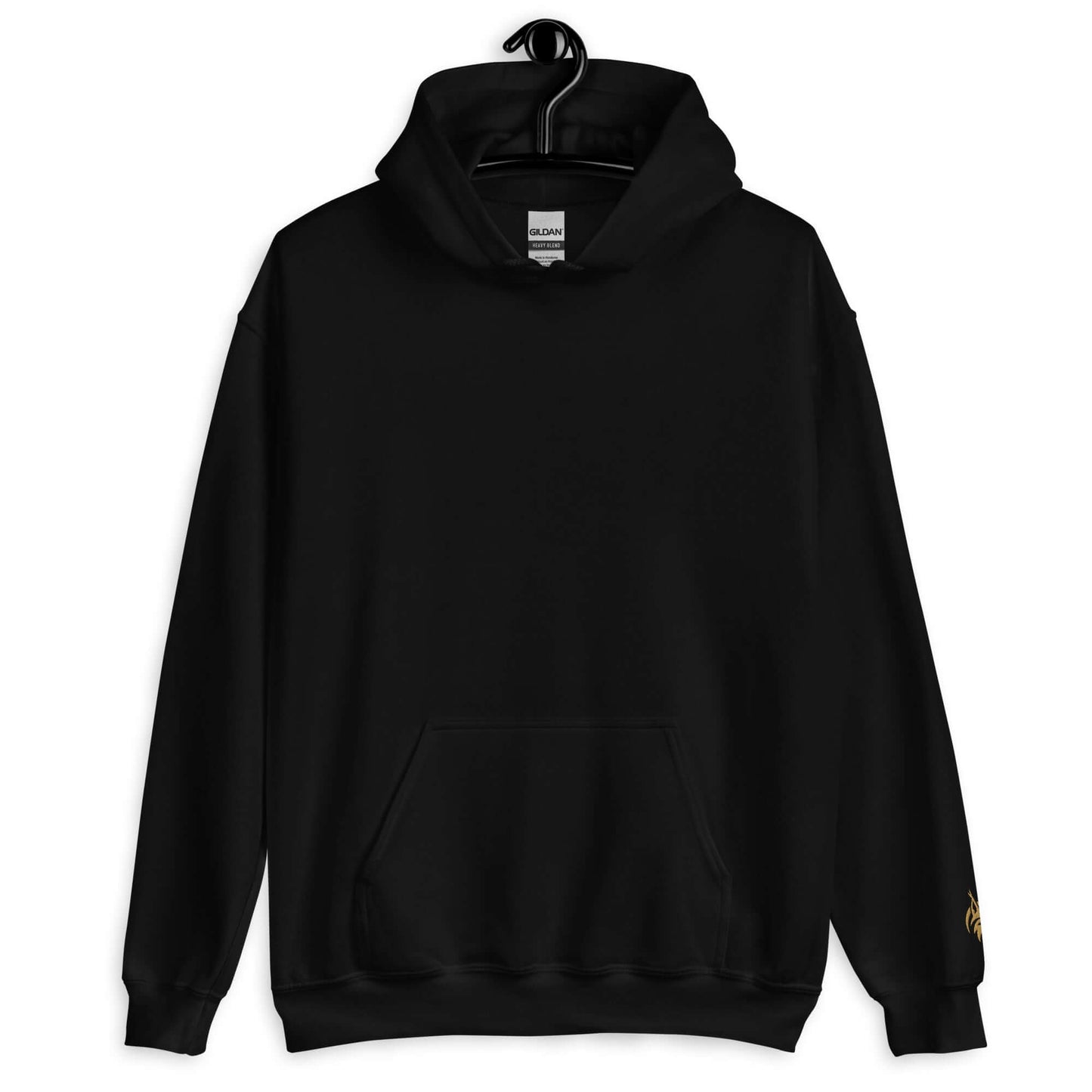 Lynxdonk Unisex Hoodie Cozy and Stylish Essential black hoodie displayed on a hanger, showcasing its sleek design.