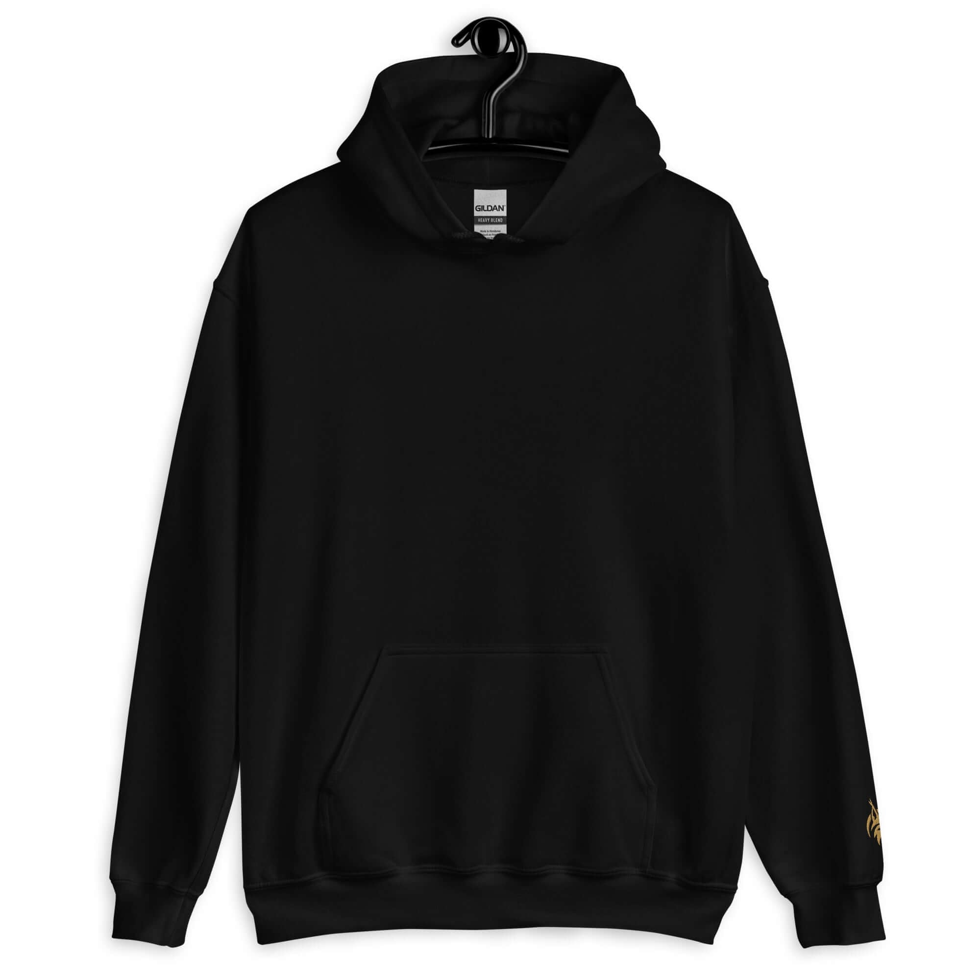 Lynxdonk Unisex Hoodie Cozy and Stylish Essential black hoodie displayed on a hanger, showcasing its sleek design.