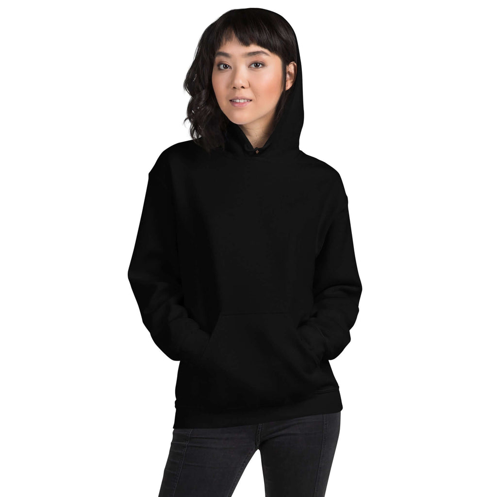 Lynxdonk Unisex Hoodie Cozy and Stylish Essential model wearing a black hoodie with a front pocket and a relaxed fit.