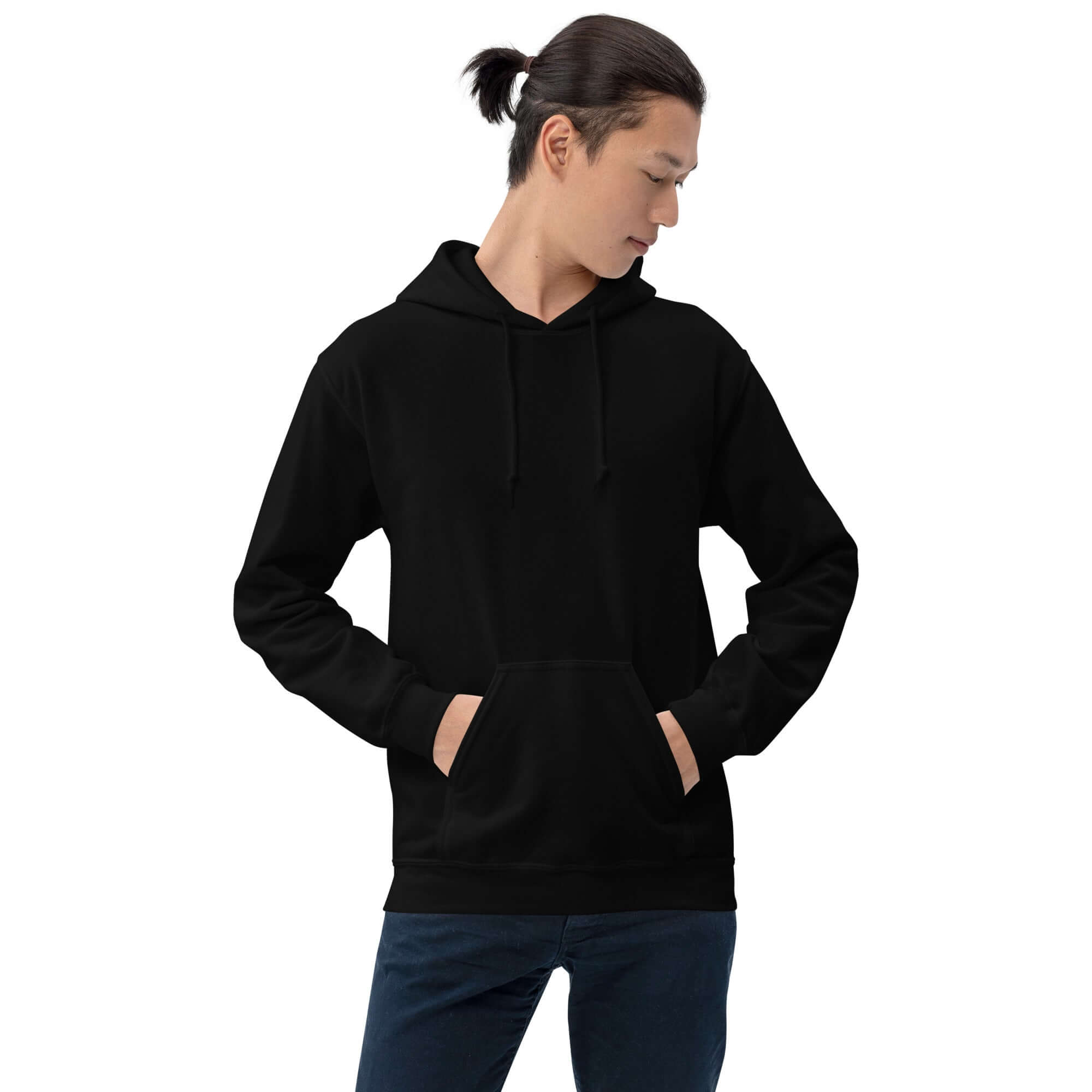 Lynxdonk Unisex Hoodie Cozy and Stylish Essential modeled by a young man in a black hoodie.