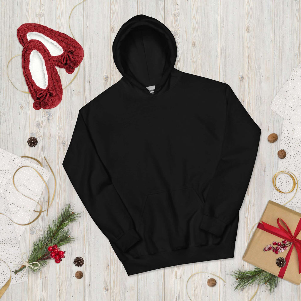 Lynxdonk Unisex Hoodie Cozy and Stylish Essential in black surrounded by festive decorations.