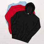 Lynxdonk Unisex Hoodie Cozy and Stylish Essential in black, red, and blue colors arranged together.
