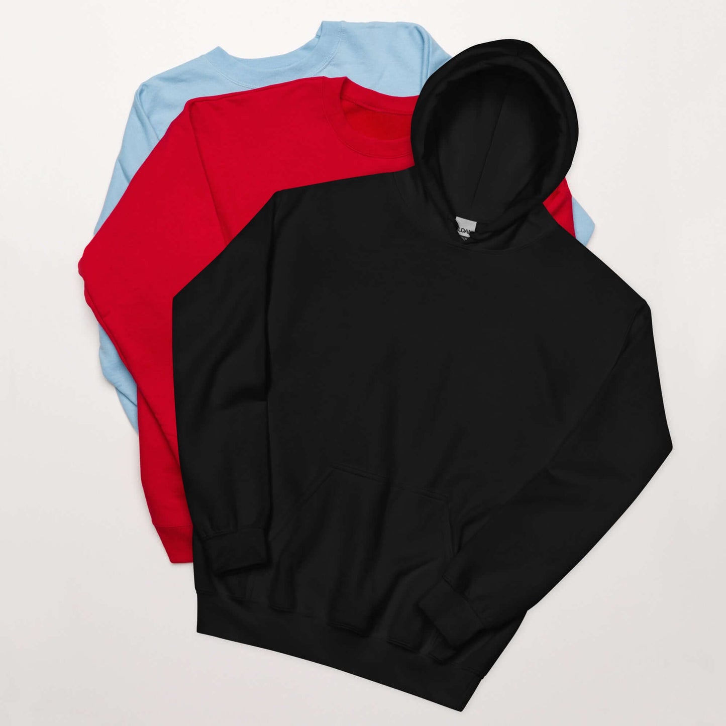 Lynxdonk Unisex Hoodie Cozy and Stylish Essential in black, red, and blue colors arranged together.