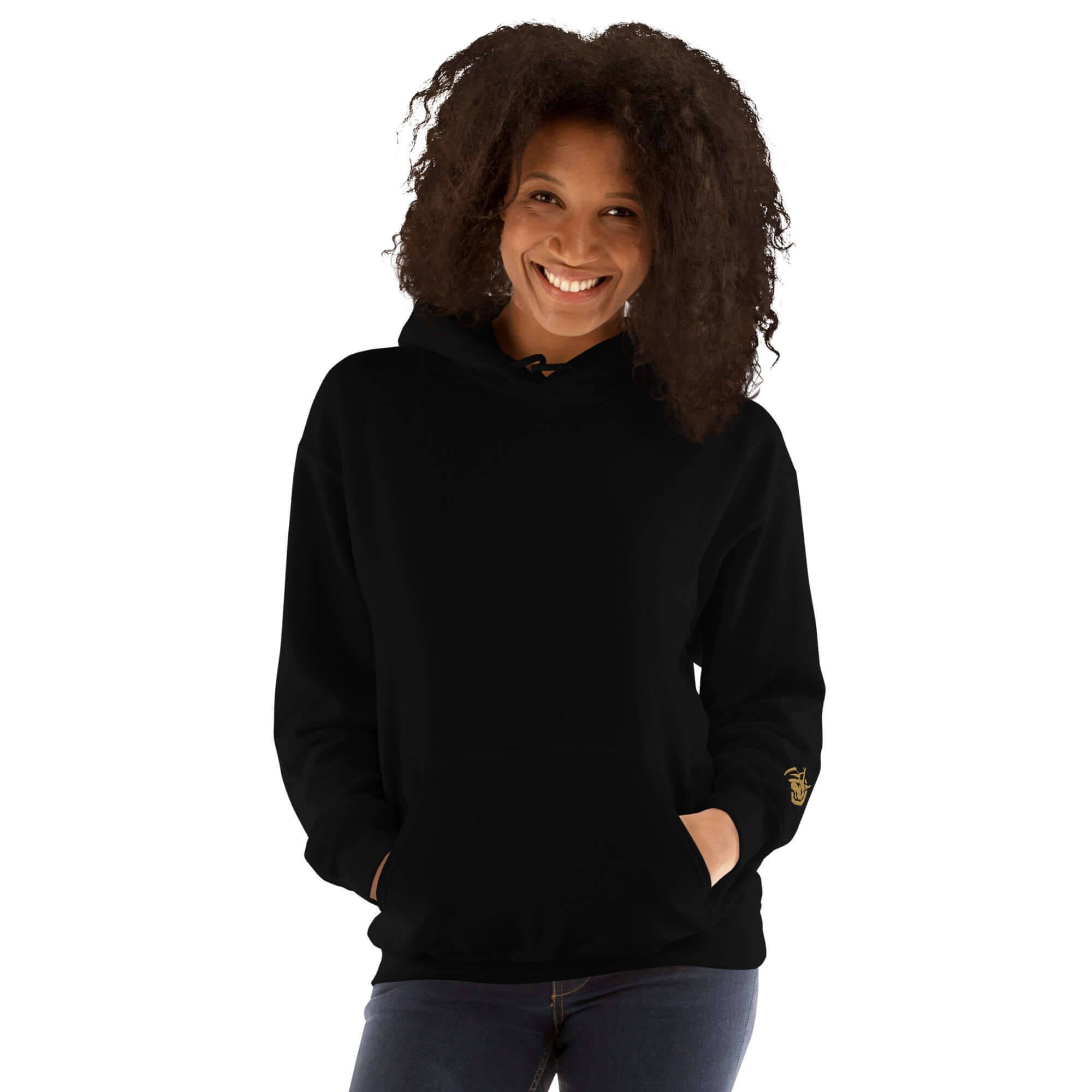 Lynxdonk Unisex Hoodie Cozy and Stylish Essential worn by a smiling woman in a black hoodie.