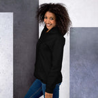 Lynxdonk Unisex Hoodie Cozy and Stylish Essential model wearing black hoodie with curly hair and smiling.