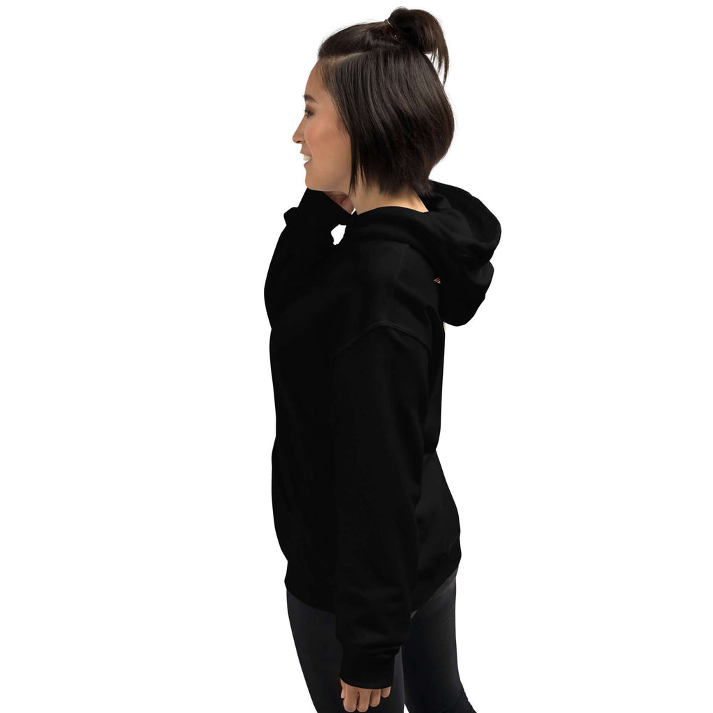 Lynxdonk Unisex Hoodie Cozy and Stylish Essential shown on a model from the side in black color.