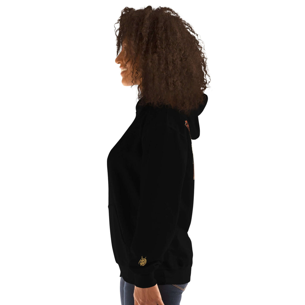 Lynxdonk Unisex Hoodie Cozy and Stylish Essential shown from the side on a model with curly hair, showcasing its sleek design.
