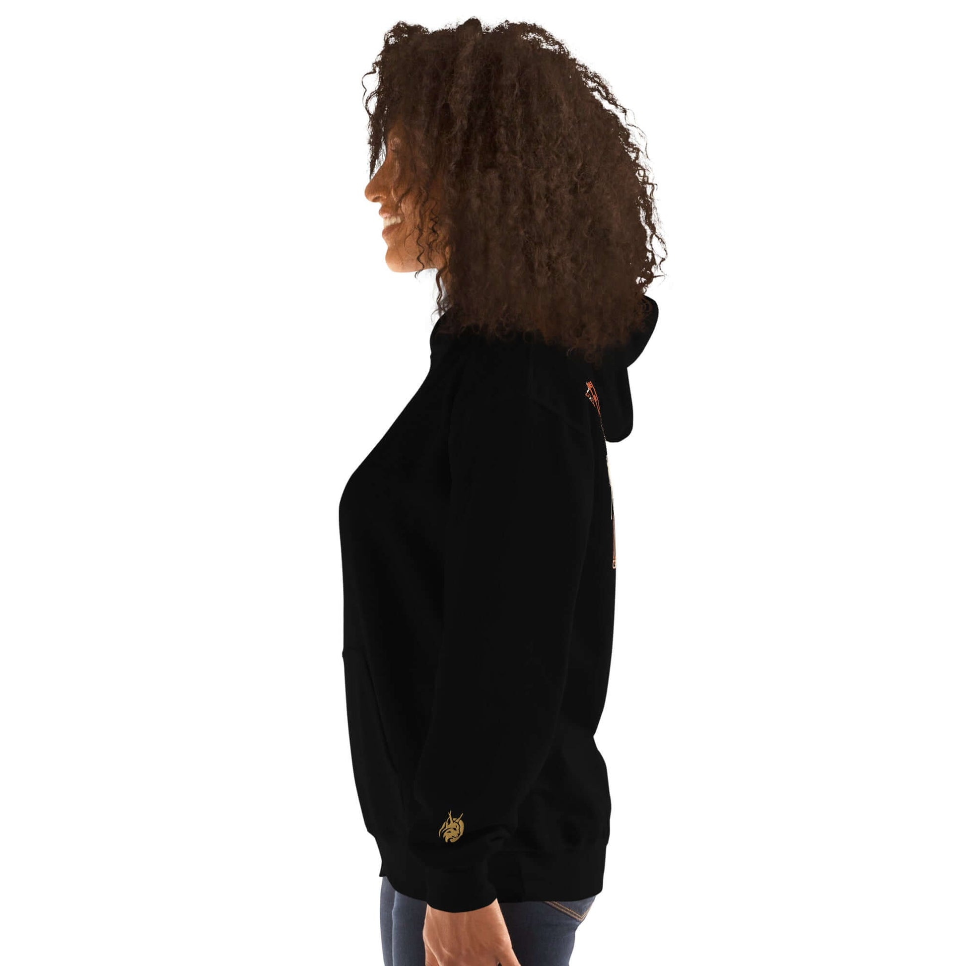 Lynxdonk Unisex Hoodie Cozy and Stylish Essential shown from the side on a model with curly hair, showcasing its sleek design.