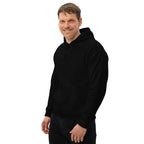 Lynxdonk Unisex Hoodie Cozy and Stylish Essential worn by a smiling man in black, showcasing comfort and style.