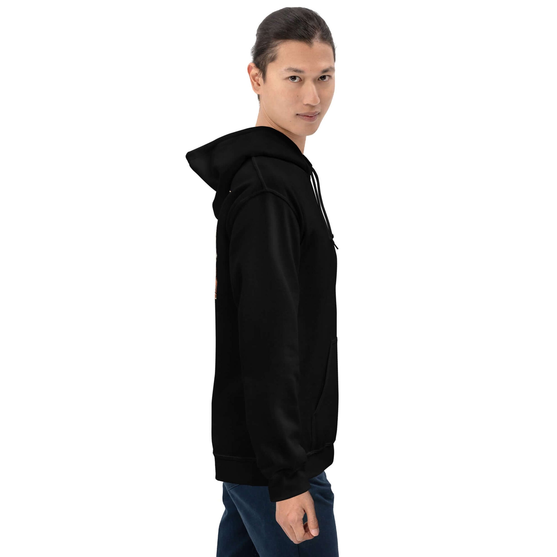 Lynxdonk Unisex Hoodie Cozy and Stylish Essential worn by a model from the side, showcasing its comfort and style.