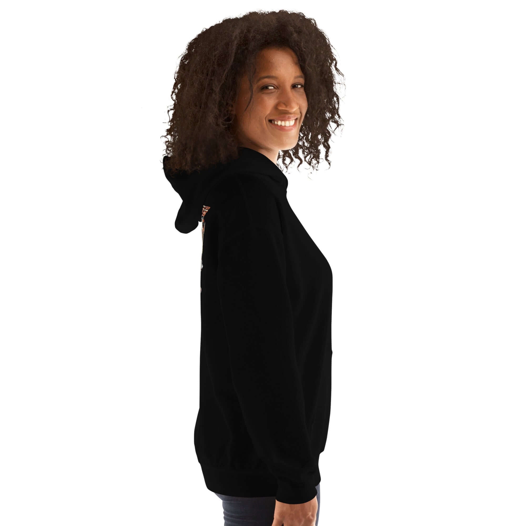 Lynxdonk Unisex Hoodie Cozy and Stylish Essential worn by a smiling woman in black, showcasing its comfortable fit.