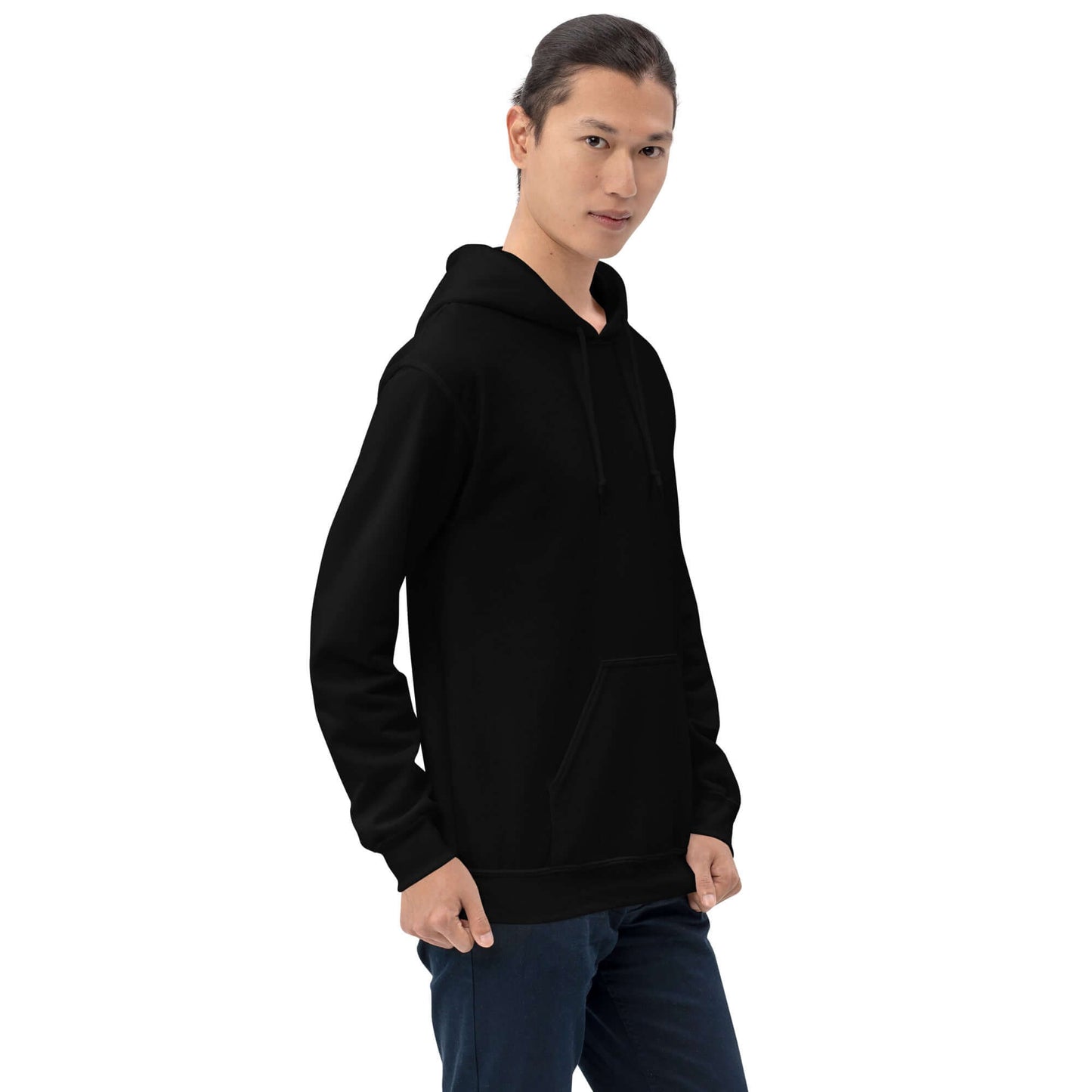 Lynxdonk Unisex Hoodie Cozy and Stylish Essential modeled by a model in a black hoodie, showcasing warmth and style.
