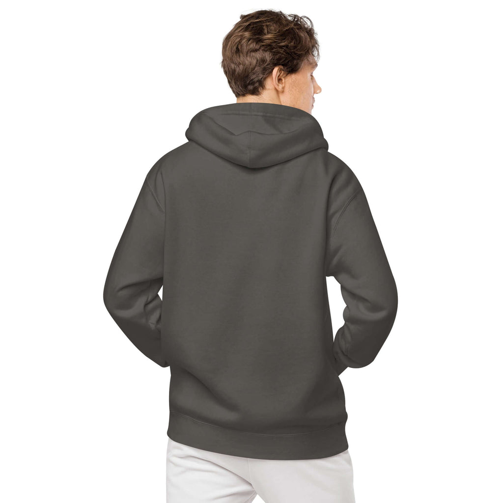 Back view of a male model wearing the LynxDonkey Unisex pigment-dyed hoodie in dark color.