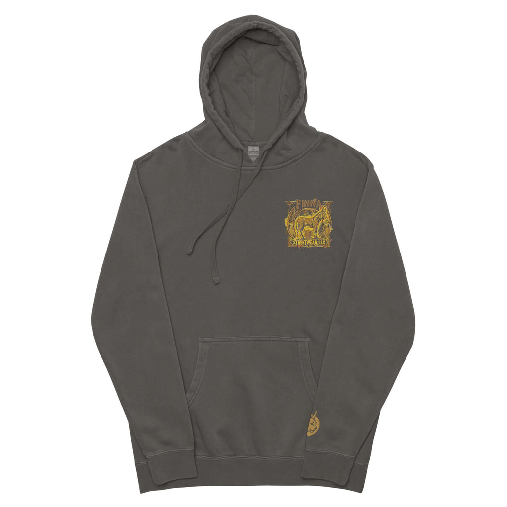 LynxDonkey Unisex pigment-dyed hoodie in charcoal grey with unique design.