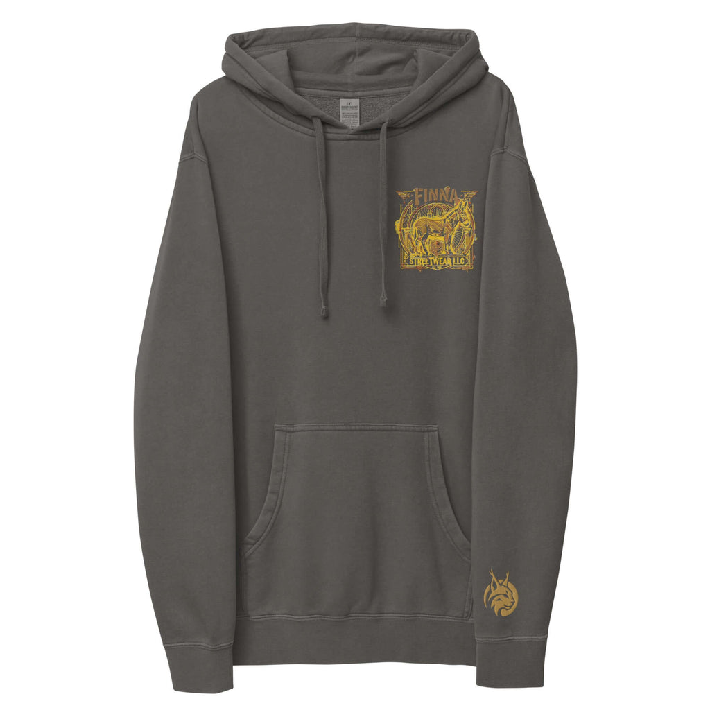 LynxDonkey Unisex pigment-dyed hoodie in vintage grey with unique design and front pocket.